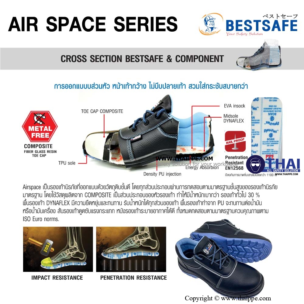 APOLO AIR SPACE [S3] รองเท้านิรภัยหุ้มส้น สีดำ พื้น PU/TPU, หัวคอมโพสิต200J พื้น Dynaflex ยี่ห้อ BESTSAFE 