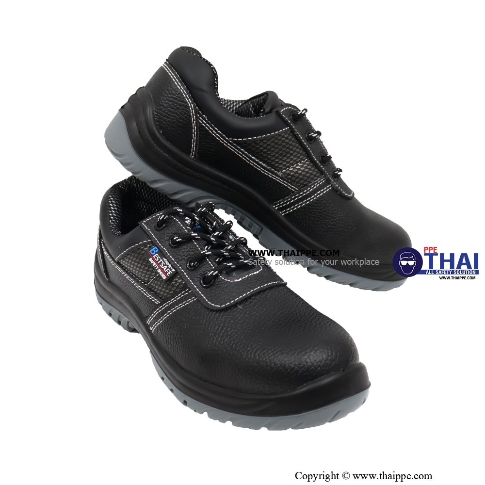 T01-TEXAS (6317A) #BESTSAFE รองเท้านิรภัยแบบหุ้มส้น หนังวัวอัดลายกันน้ำ สีดำ พื้น PU injection, หัวเหล็ก 200 J กันทะลุเสริมแผ่นเหล็ก [S3 SR FO] ยี่ห้อ BESTSAFE