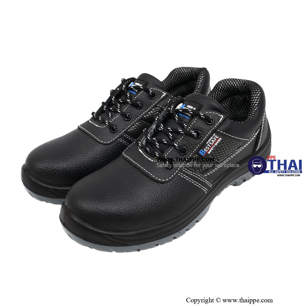T01-TEXAS (6317A) #BESTSAFE รองเท้านิรภัยแบบหุ้มส้น หนังวัวอัดลายกันน้ำ สีดำ พื้น PU injection, หัวเหล็ก 200 J กันทะลุเสริมแผ่นเหล็ก [S3 SR FO] ยี่ห้อ BESTSAFE