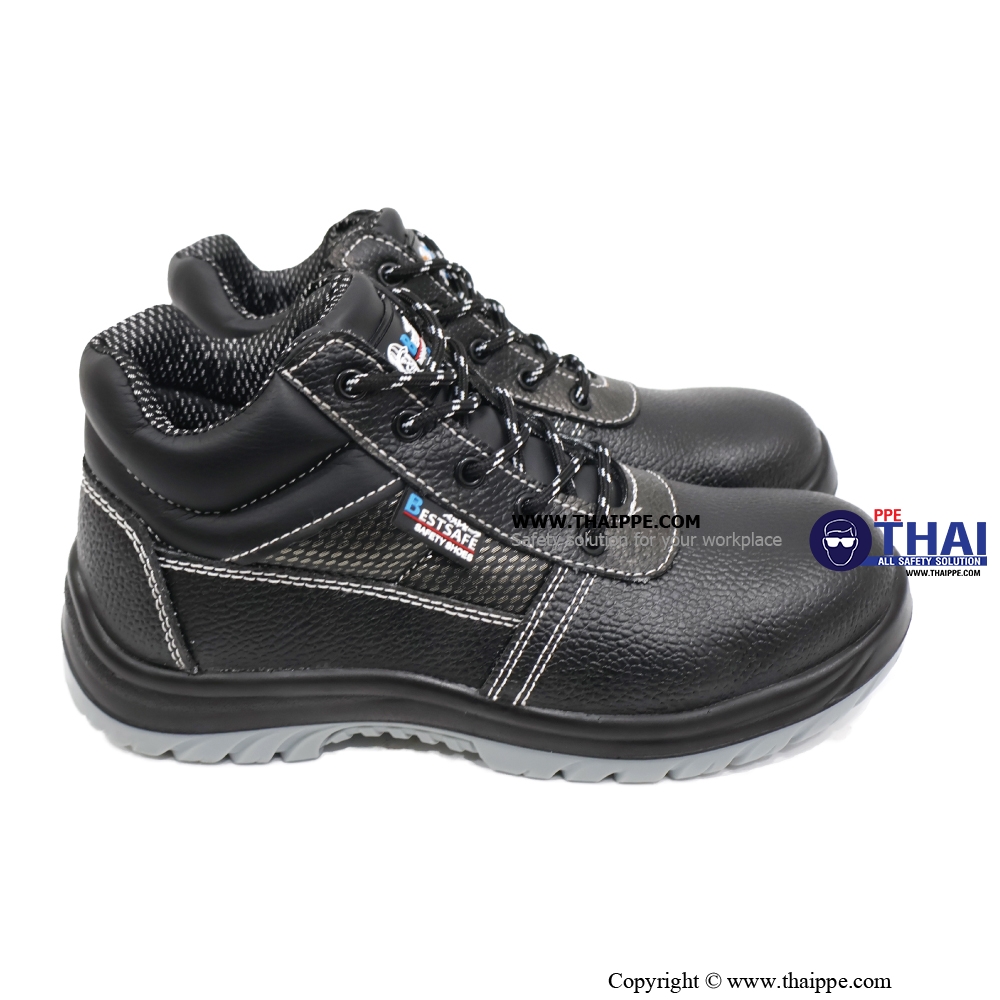T02-TEXAS (6340A) #BESTSAFE รองเท้านิรภัยแบบหุ้มข้อ  หนังวัวอัดลายกันน้ำ สีดำ พื้น PU injection, หัวเหล็ก 200 J กันทะลุเสริมแผ่นเหล็ก S3 SRC ยี่ห้อ BESTSAFE