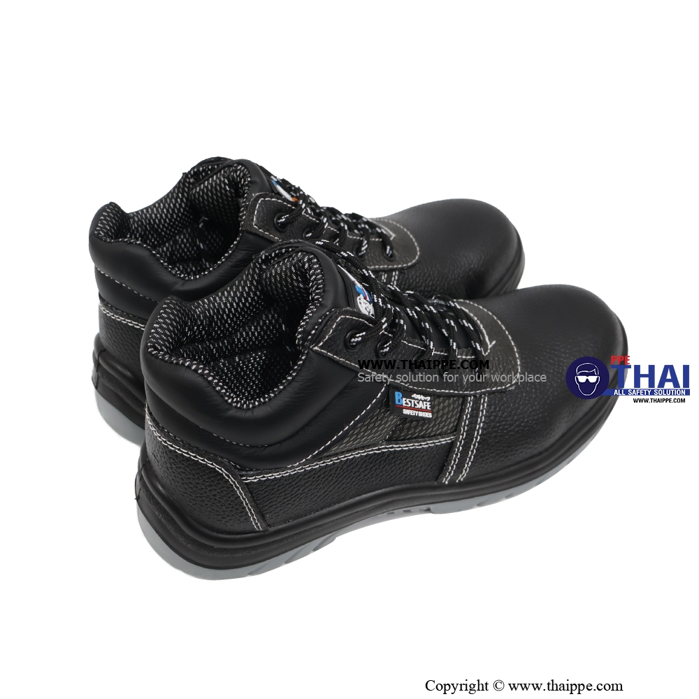 T02-TEXAS (6340A) #BESTSAFE รองเท้านิรภัยแบบหุ้มข้อ  หนังวัวอัดลายกันน้ำ สีดำ พื้น PU injection, หัวเหล็ก 200 J กันทะลุเสริมแผ่นเหล็ก S3 SRC ยี่ห้อ BESTSAFE