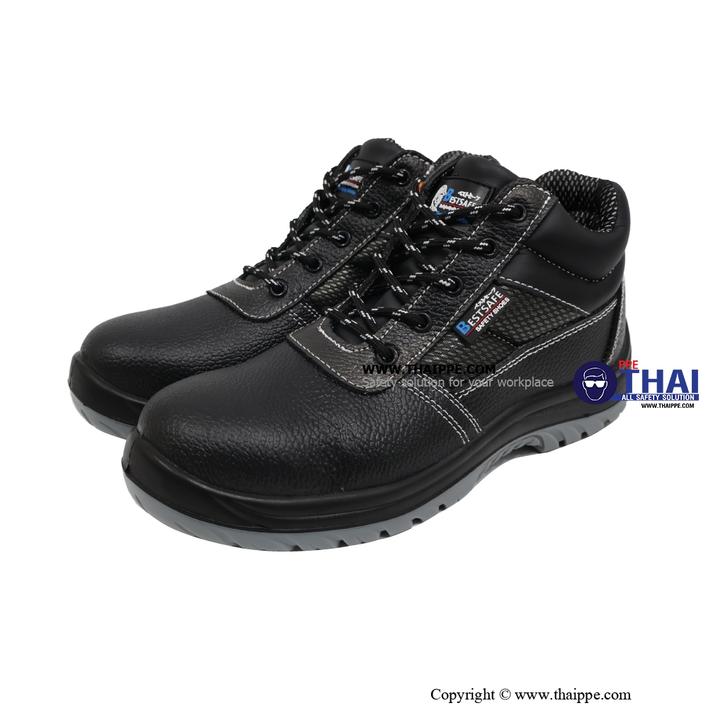 T02-TEXAS (6340A) #BESTSAFE รองเท้านิรภัยแบบหุ้มข้อ  หนังวัวอัดลายกันน้ำ สีดำ พื้น PU injection, หัวเหล็ก 200 J กันทะลุเสริมแผ่นเหล็ก S3 SRC ยี่ห้อ BESTSAFE