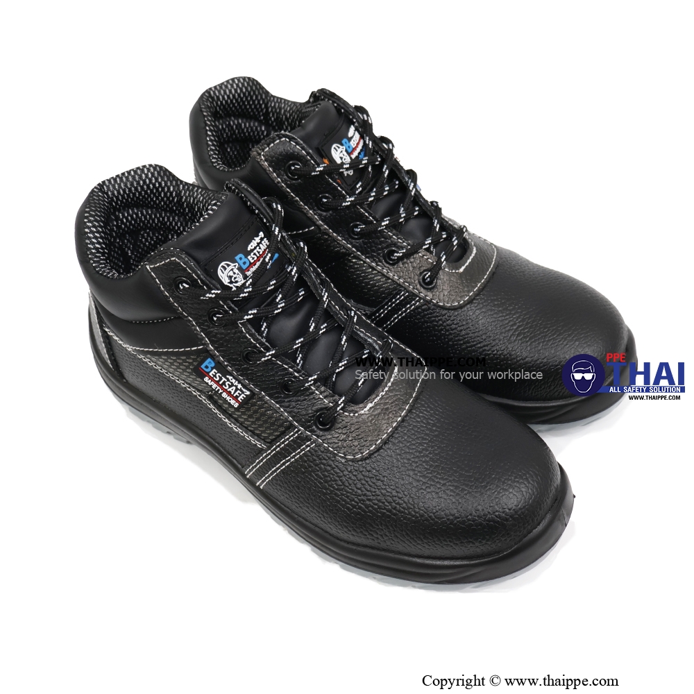 T02-TEXAS (6340A) #BESTSAFE รองเท้านิรภัยแบบหุ้มข้อ  หนังวัวอัดลายกันน้ำ สีดำ พื้น PU injection, หัวเหล็ก 200 J กันทะลุเสริมแผ่นเหล็ก S3 SRC ยี่ห้อ BESTSAFE