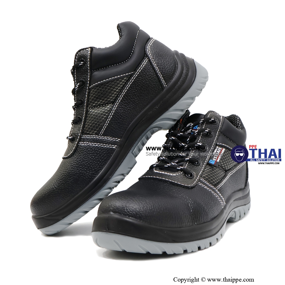 T02-TEXAS (6340A) #BESTSAFE รองเท้านิรภัยแบบหุ้มข้อ  หนังวัวอัดลายกันน้ำ สีดำ พื้น PU injection, หัวเหล็ก 200 J กันทะลุเสริมแผ่นเหล็ก S3 SRC ยี่ห้อ BESTSAFE