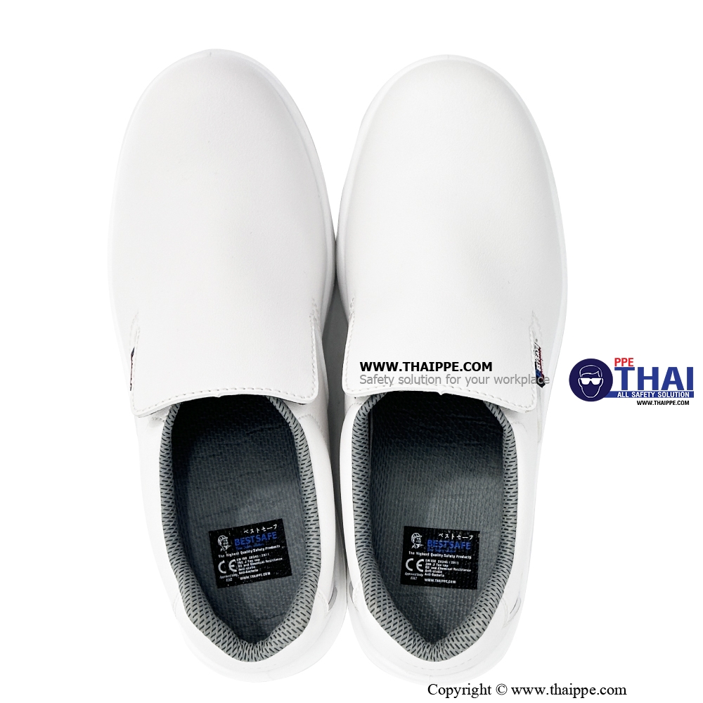 ELASTIC- A White [S2] รองเท้านิรภัยหุ้มส้น สีขาว พื้น PU หัวเหล็ก ยี่ห้อ BESTSAFE