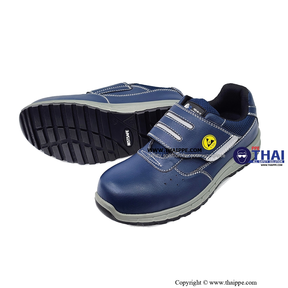 BALANCE TAPE BLUE [S2] #BESTSAFE รองเท้านิรภัยหุ้มส้นแบบเทปเวลโกร สีกรม พื้น PU/PU หัว COMPOSITE