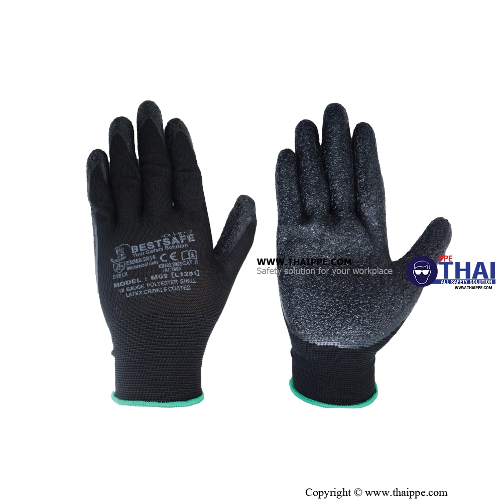 M02 ถุงมือ 13 gauge polyester shell latex crinkle coated