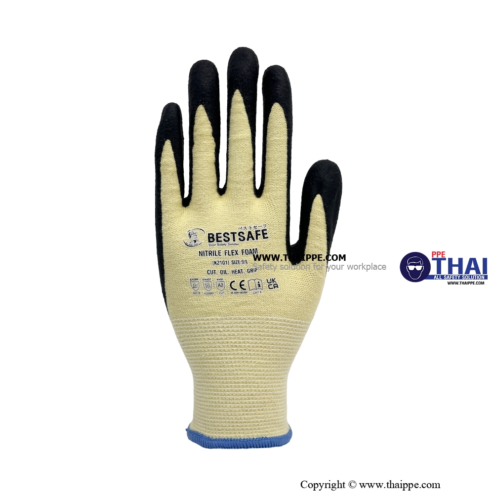 BESTSAFE - NBR03 ถุงมือผ้าเส้นใยแบบกันบาด Aramid เคลือบ nitrile microthin foam CUT3-5