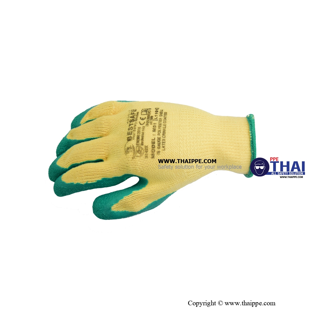 M01ถุงมือผ้าทอเคลือบยางเขียวกันบาด กันเคมี  #BESTSAFE 