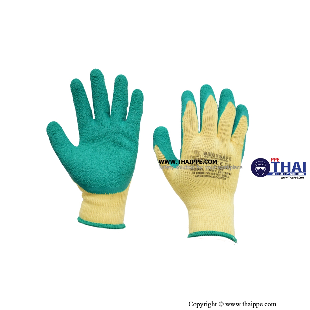 M01ถุงมือผ้าทอเคลือบยางเขียวกันบาด กันเคมี  #BESTSAFE 