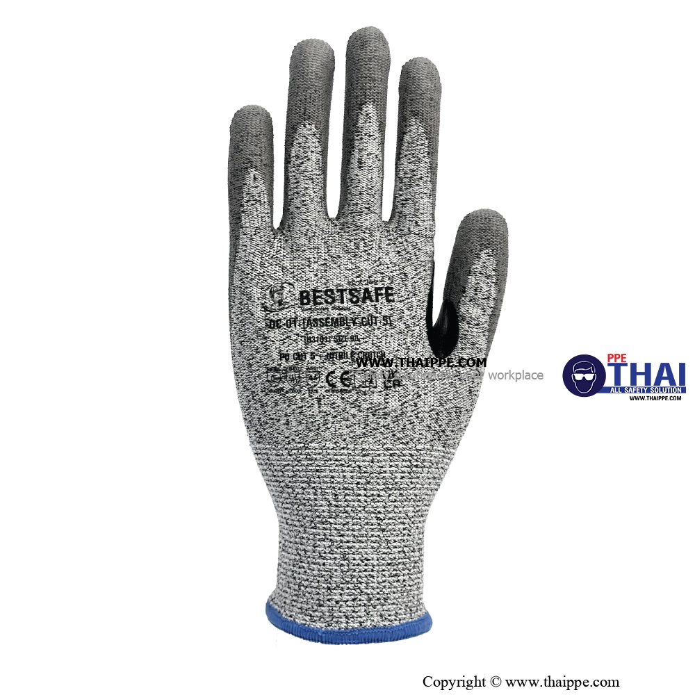 BESTSAFE - DC-01 ถุงมือกันบาด HPPE เคลือบ PU เสริมกันบาดง่ามนิ้ว