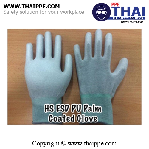 HS ESD PU Palm Coated Glove ถุงมือไนล่อนเคลือบ PU เต็มฝ่ามือ Size L