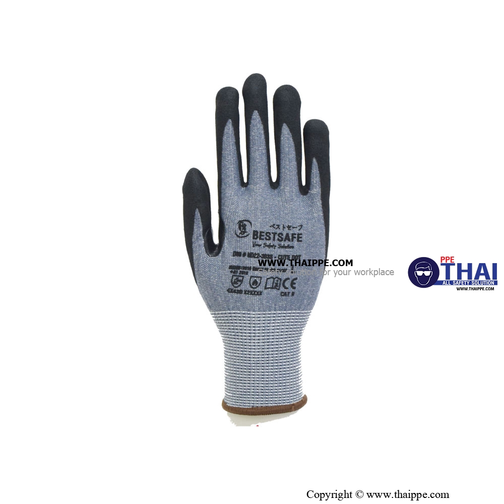 D06 [ND22-303S] #BESTSAFE ถุงมือผ้าเส้นใยกันบาด HPPE เคลือบยางไนไตร NITRILE DOT