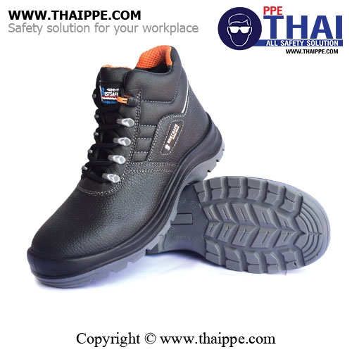 H02 รองเท้าหุ้มข้อ นิรภัย สีดำ หัวเหล็ก หนังอัดลาย #BESTSAFE