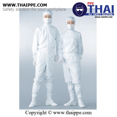 C-03 #BESTSAFE ชุดหมีคลีนรูมกันไฟฟ้าสถิตย์ แบบคอจีนติดตีนตุ๊กแก Color : White [Size: S]