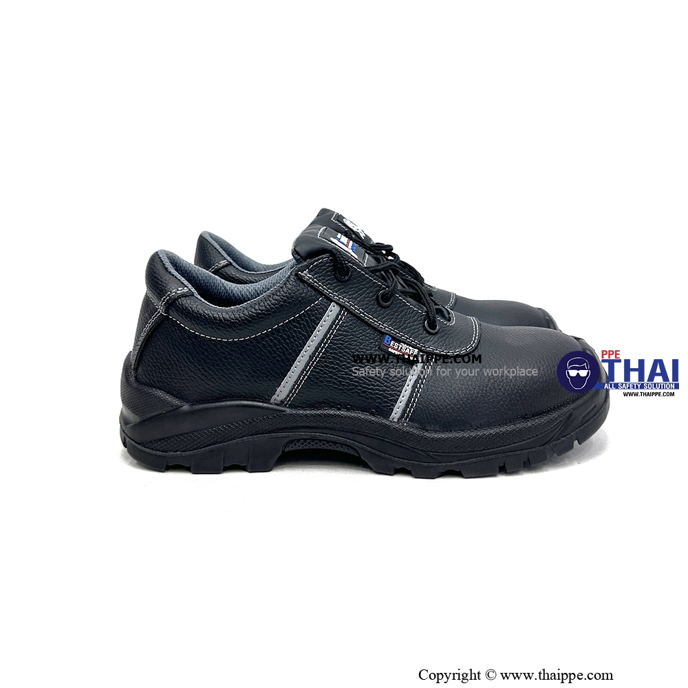 V01-WOVERINE #BESTSAFE รองเท้านิรภัยหุ้มส้น สีดำ มีแถบสะท้อนแสง พื้น PU/TPU หัวคอมโพสิต [S2]