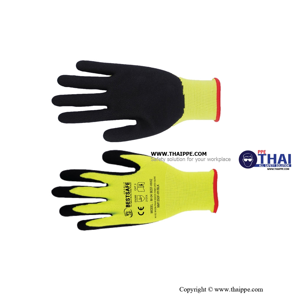 BESTSAFE - M04 BEST-HIVIZ [NM1350F-HY/BLK] ถุงมือผ้าทอเคลือบยางธรรมชาติสีดำ LATEX-NBR [Cut-1]