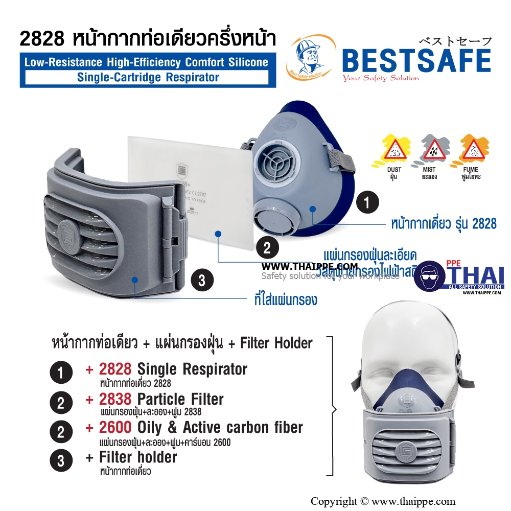 2828  หน้ากากท่อเดียวครึ่งหน้า Low-Resistance High-Efficiency Comfort Silicone Single-Cartridge Respirator