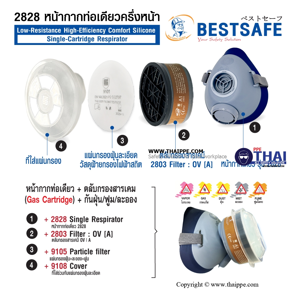 2828  หน้ากากท่อเดียวครึ่งหน้า Low-Resistance High-Efficiency Comfort Silicone Single-Cartridge Respirator