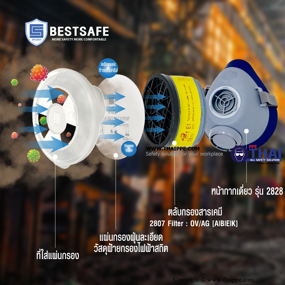 2828  หน้ากากท่อเดียวครึ่งหน้า Low-Resistance High-Efficiency Comfort Silicone Single-Cartridge Respirator