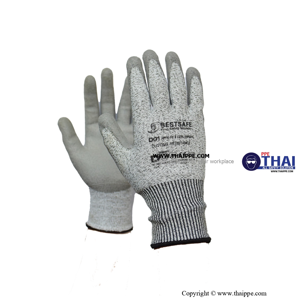 PU-D01 CUT5 HPPE #S ถุงมือผ้าเส้นใยแบบกันบาด HPPE เคลือบ PU CUT 5 ,Temp 100 °C
