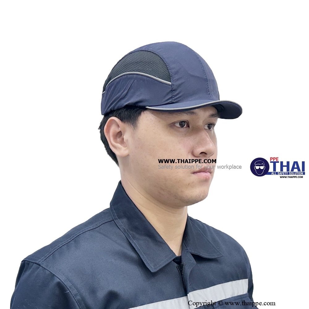 SC-03 #SAFETY CAP หมวกผ้าเสริมโครงไฟเบอร์ คาดแถบสะท้อนแสง+ระบายอากาศ #สีกรมท่า