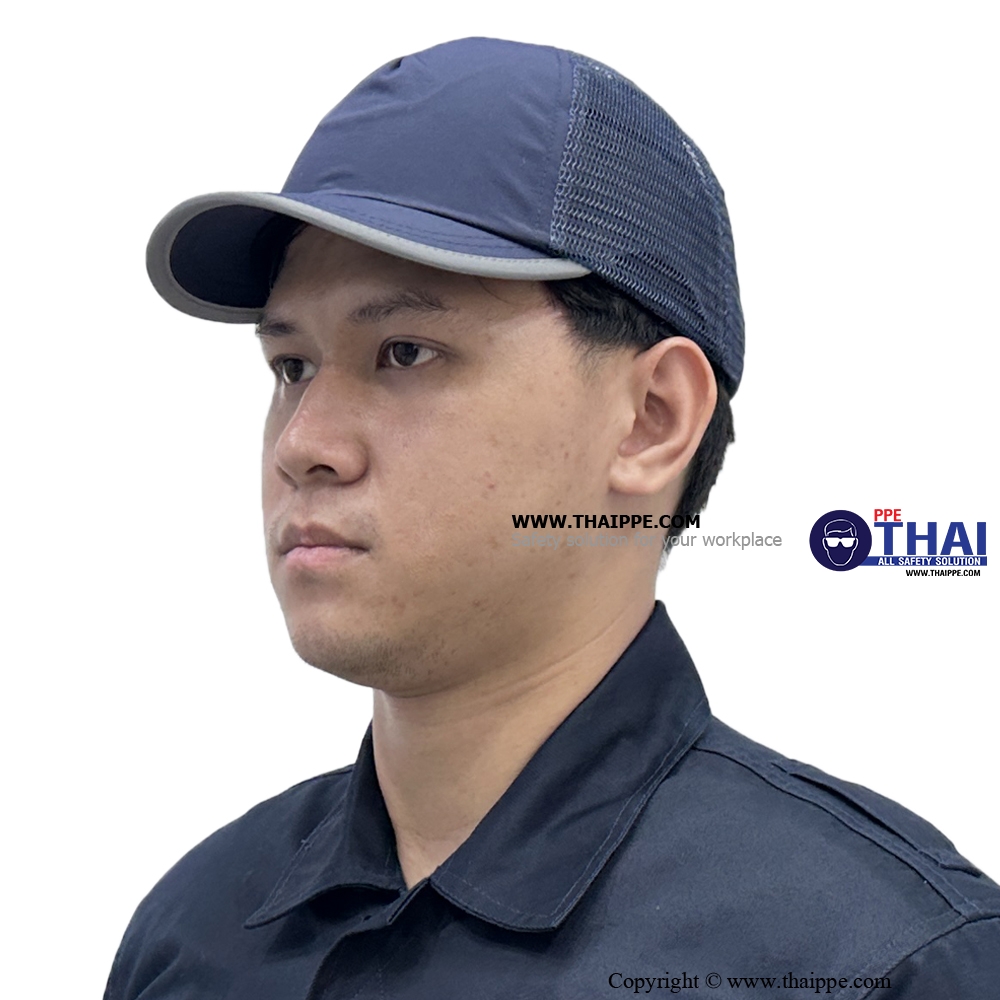 SC-04 #SAFETY CAP หมวกผ้าเสริมโครงไฟเบอร์ คาดแถบสะท้อนแสง+ระบายอากาศ #สีกรมท่า