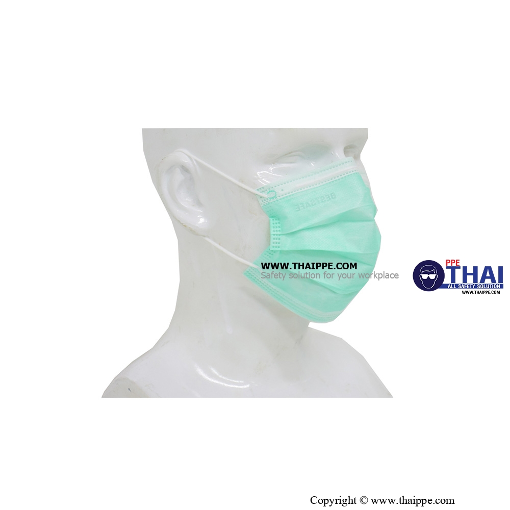 BESTSAFE-033 # 3 Ply mask medical BESTSAFE-033 Plastic Pack # สีเขียว - ผ้าปิดจมูกกรองฝุ่นกระดาษสำหรับทางการแพทย์ (50ชิ้น/กล่อง)