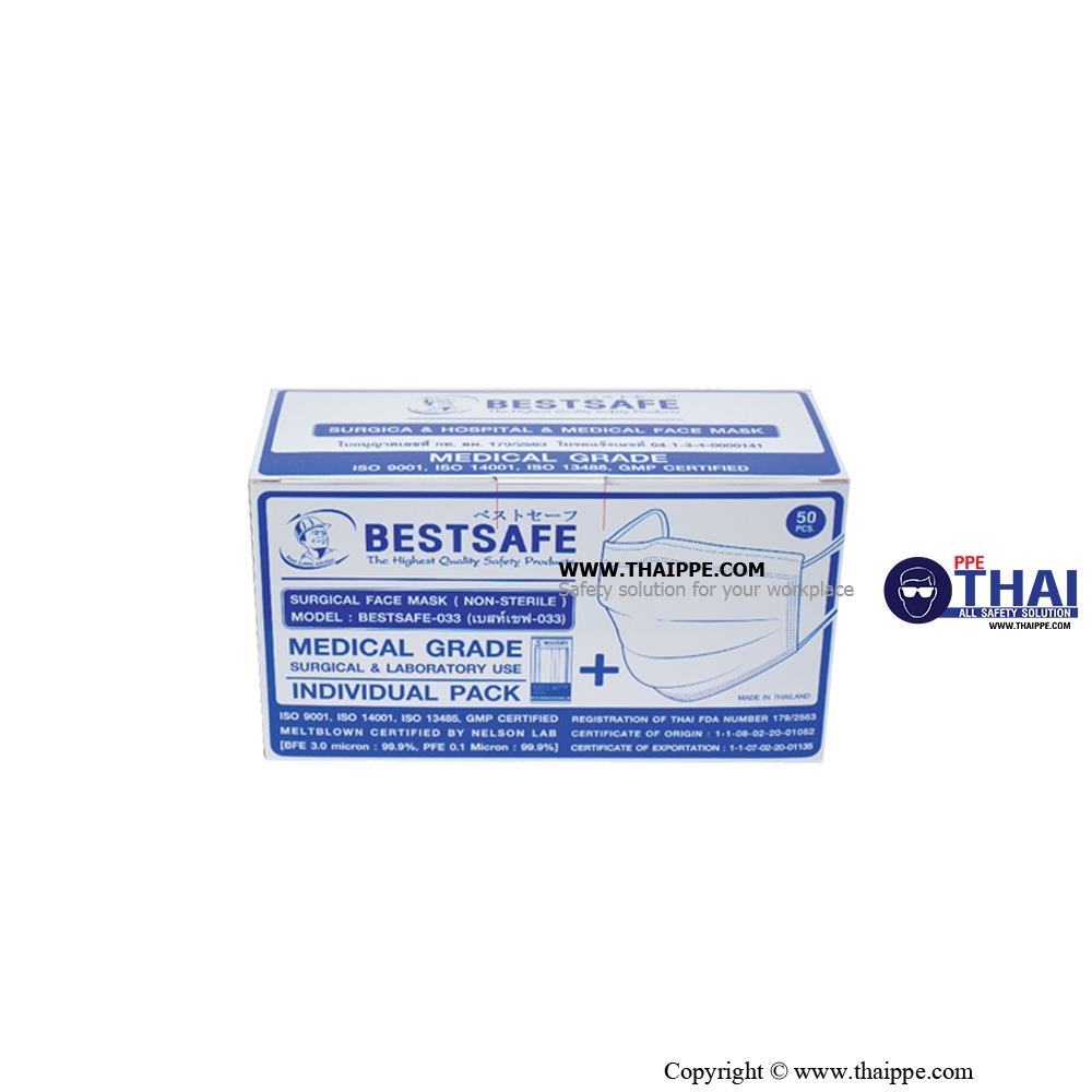 BESTSAFE-033 # 3 Ply mask medical BESTSAFE-033 Plastic Pack # สีฟ้า - ผ้าปิดจมูกกรองฝุ่นกระดาษสำหรับทางการแพทย์ (50ชิ้น/กล่อง)