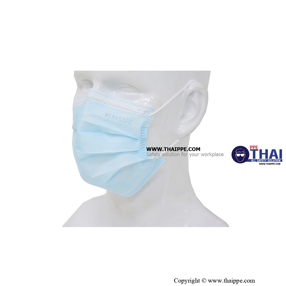 BESTSAFE-033 # 3 Ply mask medical BESTSAFE-033 Plastic Pack # สีฟ้า - ผ้าปิดจมูกกรองฝุ่นกระดาษสำหรับทางการแพทย์ (50ชิ้น/กล่อง)
