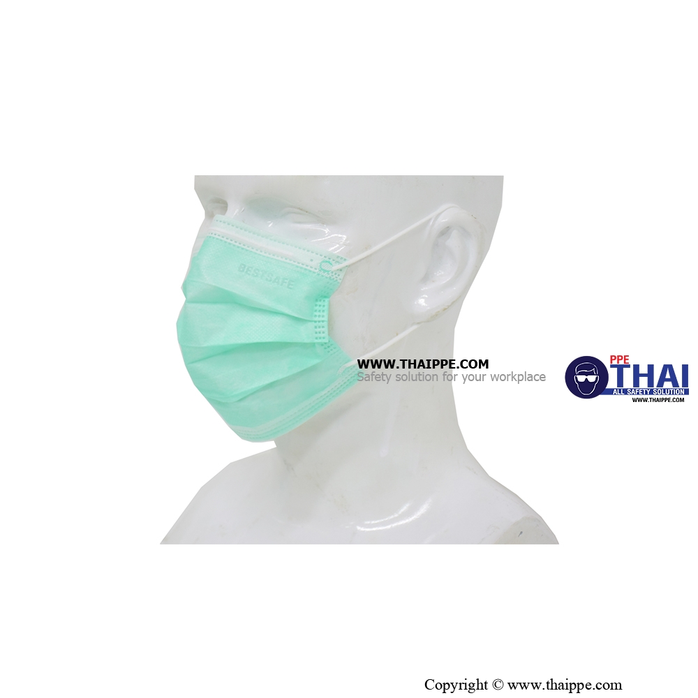 BESTSAFE-033 # 3 Ply mask medical BESTSAFE-033B Box # สีเขียว - ผ้าปิดจมูกกรองฝุ่นกระดาษสำหรับทางการแพทย์ (50ชิ้น/กล่อง) 