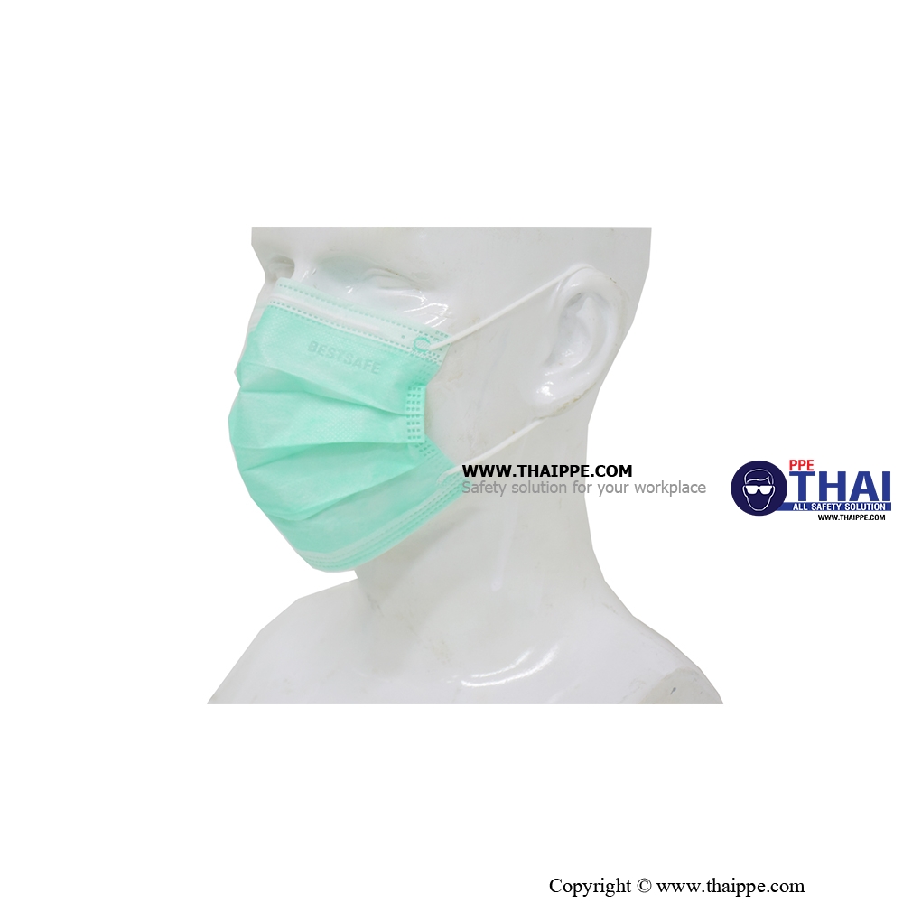 BESTSAFE-033 # 3 Ply mask medical BESTSAFE-033 Plastic Pack # สีเขียว - ผ้าปิดจมูกกรองฝุ่นกระดาษสำหรับทางการแพทย์ (50ชิ้น/กล่อง)