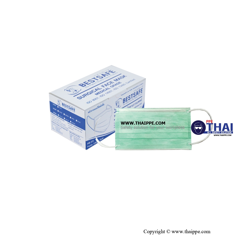 BESTSAFE-033 # 3 Ply mask medical BESTSAFE-033B Box # สีเขียว - ผ้าปิดจมูกกรองฝุ่นกระดาษสำหรับทางการแพทย์ (50ชิ้น/กล่อง) 