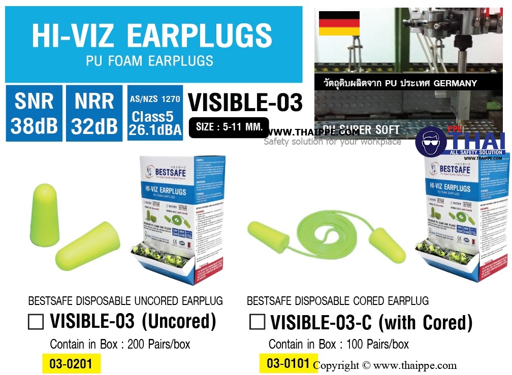 VISIBLE-03 ปลั๊กอุดหูลดเสียงไม่มีสาย # BESTSAFE,EN 352-2:2002SAFE