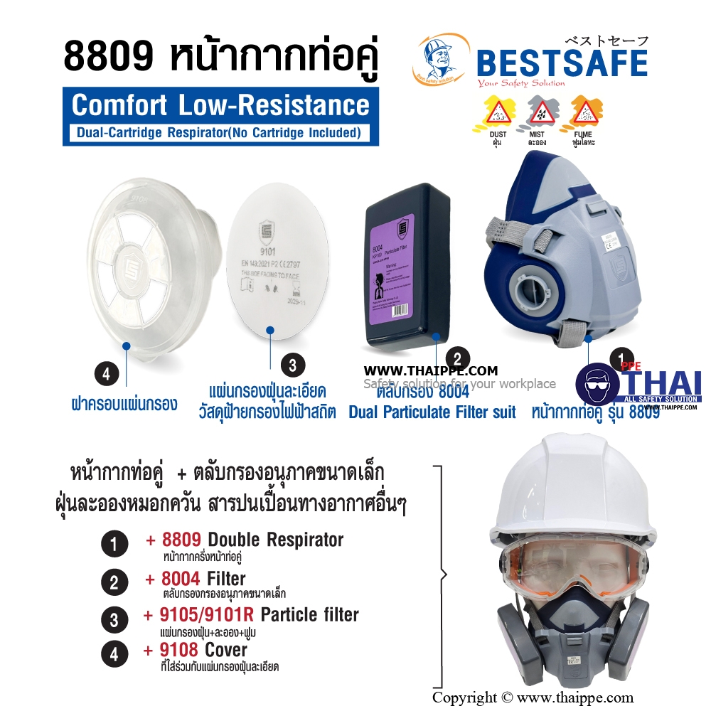 8809 หน้ากากท่อคู่ Comfort Low-Resistance Dual-Cartridge Respirator(No Cartridge Included)