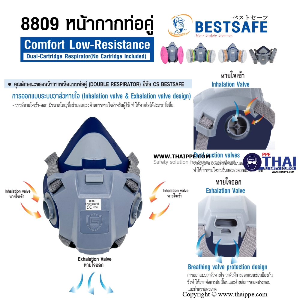 8809 หน้ากากท่อคู่ Comfort Low-Resistance Dual-Cartridge Respirator(No Cartridge Included)