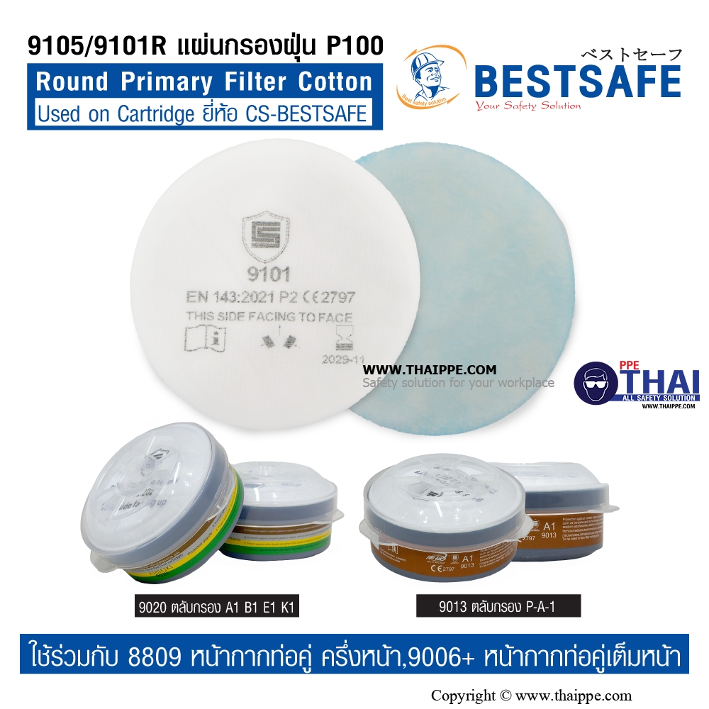 9105/9101R แผ่นกรองฝุ่นP100 Round Primary Filter Cotton Usedon Cartridge ยี่ห้อ CS-BESTSAFE