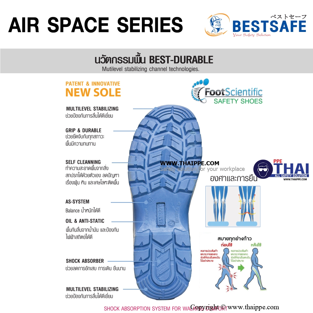 APOLO AIR SPACE [S3] รองเท้านิรภัยหุ้มส้น สีดำ พื้น PU/TPU, หัวคอมโพสิต200J พื้น Dynaflex ยี่ห้อ BESTSAFE 