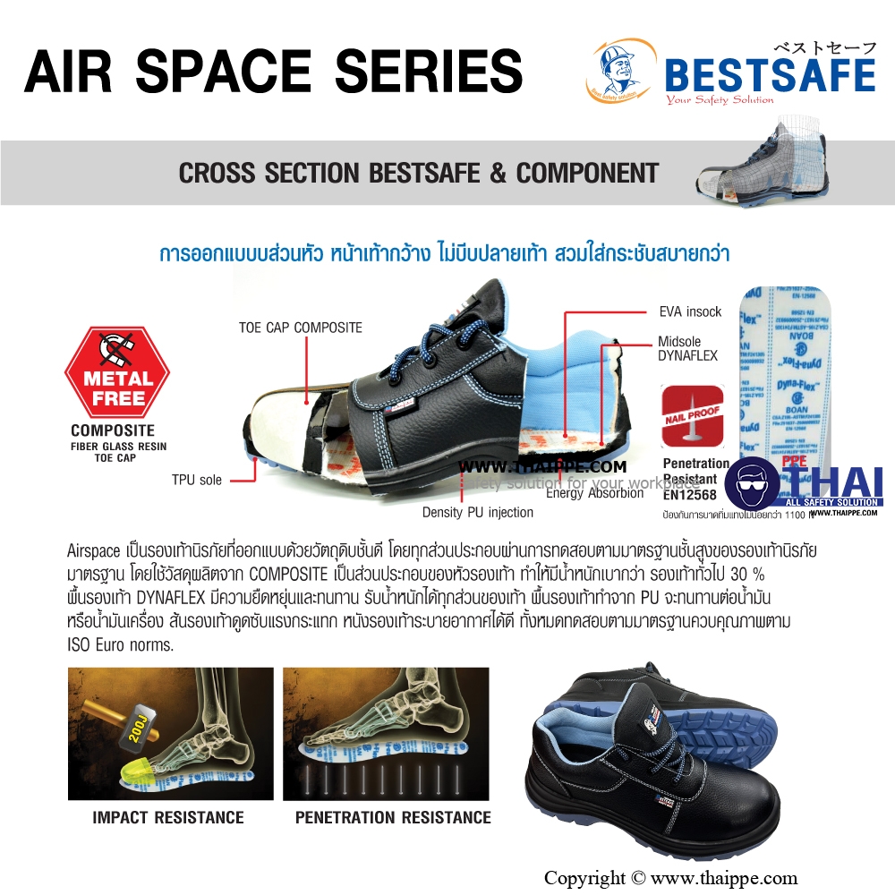 APOLO AIR SPACE [S3] รองเท้านิรภัยหุ้มส้น สีดำ พื้น PU/TPU, หัวคอมโพสิต200J พื้น Dynaflex ยี่ห้อ BESTSAFE 