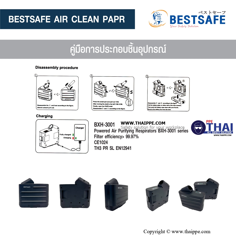 BS-3001 # PAPR PARTICLE fan unit  เครื่องจ่ายอากาศ- หน้ากากทำงานด้วยแบตเตอรี่ PARTICAL x 1 SET 