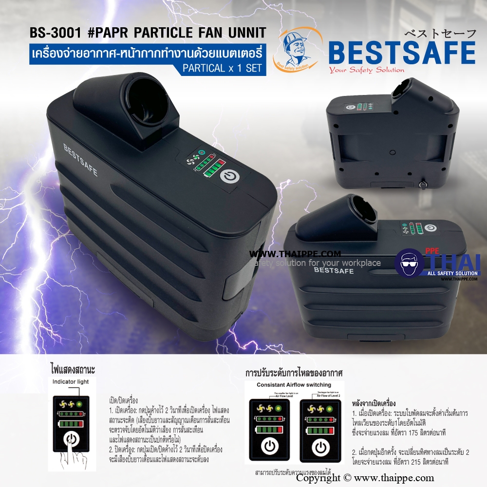 BS-3001 # PAPR PARTICLE fan unit  เครื่องจ่ายอากาศ- หน้ากากทำงานด้วยแบตเตอรี่ PARTICAL x 1 SET 