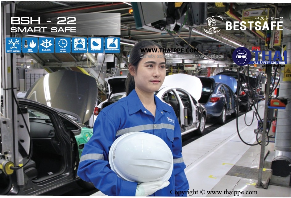 BSH-22-PM SMARTSAFE (ABS) หมวกนิรภัยปรับหมุน  พร้อมสายรัดคางสีดำ 4 จุด ไนล่อน + ยางยืดพร้อมคลิ๊ปล็อคดำ 