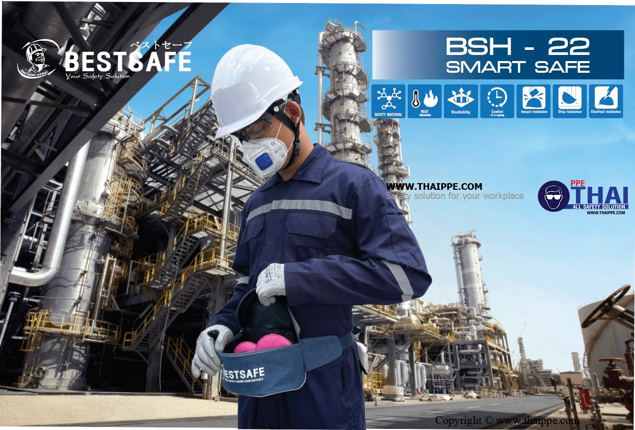 BSH-22-PM SMARTSAFE (ABS) หมวกนิรภัยปรับหมุน  พร้อมสายรัดคางสีดำ 4 จุด ไนล่อน + ยางยืดพร้อมคลิ๊ปล็อคดำ 