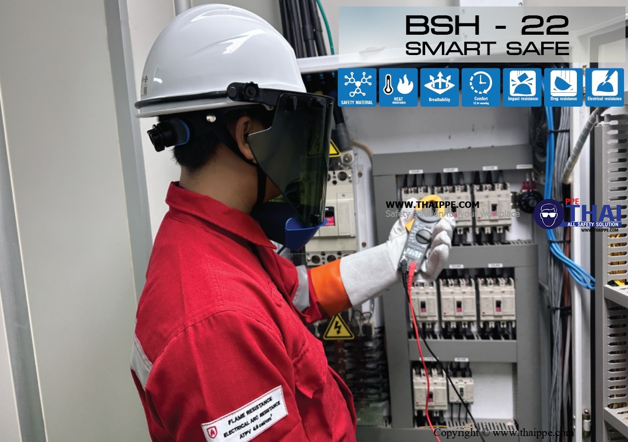 BSH-22-PM SMARTSAFE (ABS) หมวกนิรภัยปรับหมุน  พร้อมสายรัดคางสีดำ 4 จุด ไนล่อน + ยางยืดพร้อมคลิ๊ปล็อคดำ 