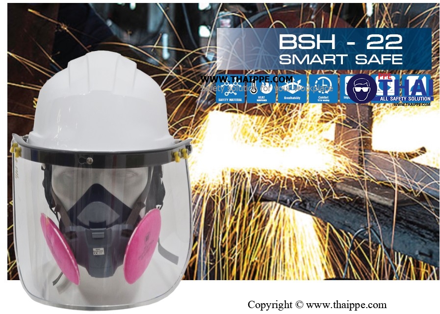 BSH-22-PM SMARTSAFE (ABS) หมวกนิรภัยปรับหมุน  พร้อมสายรัดคางสีดำ 4 จุด ไนล่อน + ยางยืดพร้อมคลิ๊ปล็อคดำ 
