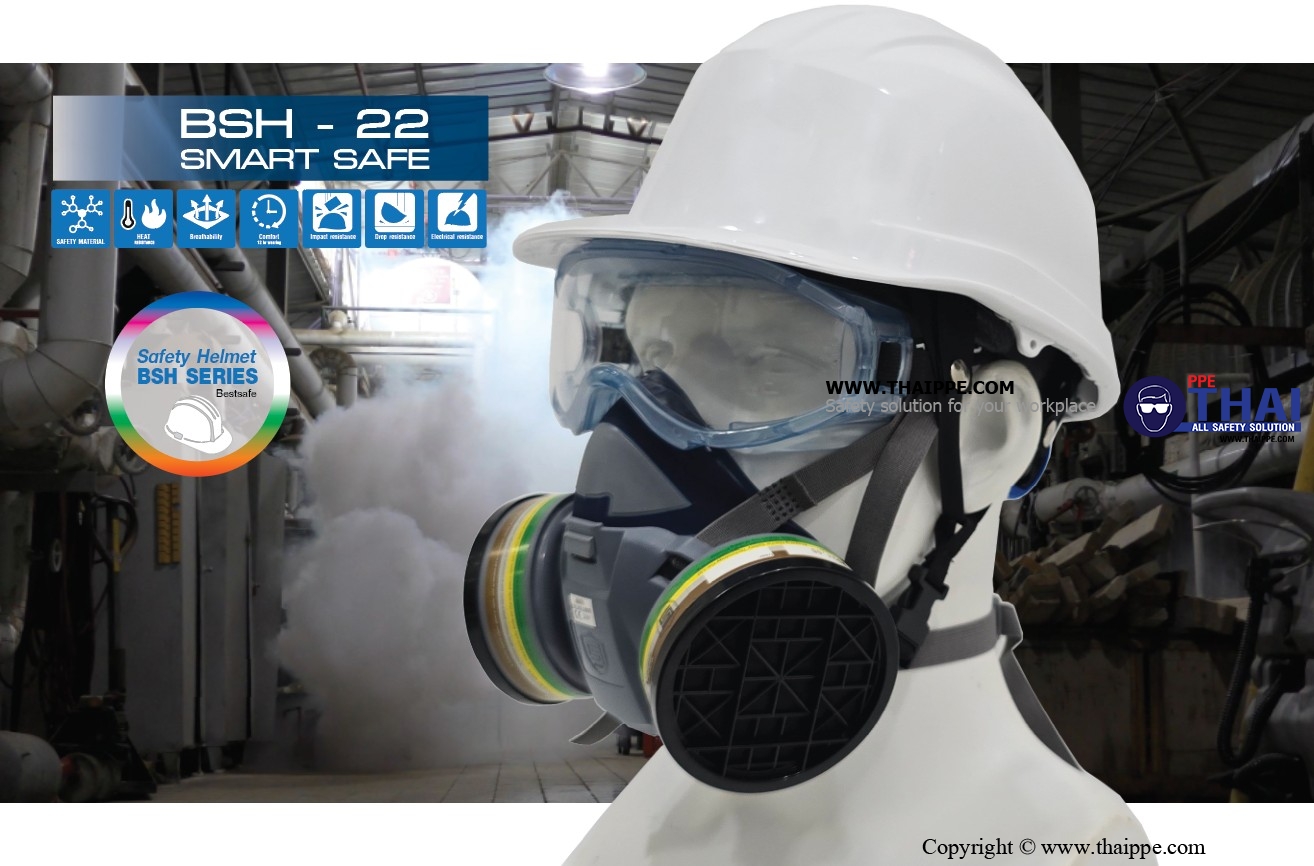 BSH-22-PM SMARTSAFE (ABS) หมวกนิรภัยปรับหมุน  พร้อมสายรัดคางสีดำ 4 จุด ไนล่อน + ยางยืดพร้อมคลิ๊ปล็อคดำ 