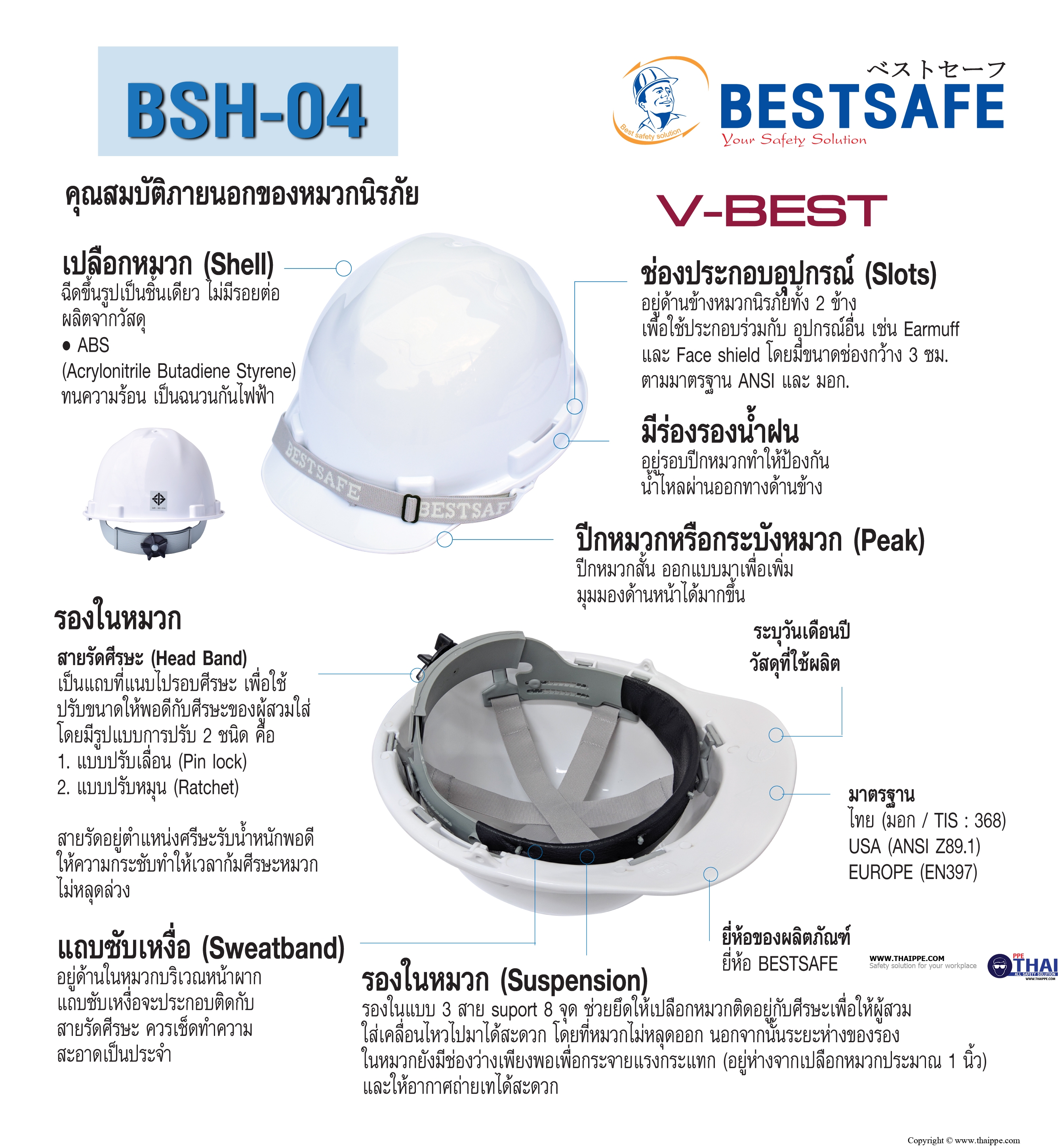 BSH04-PREMIUM หมวกนิรภัย ABS ปรับหมุน [V-BEST ] BESTSAFE