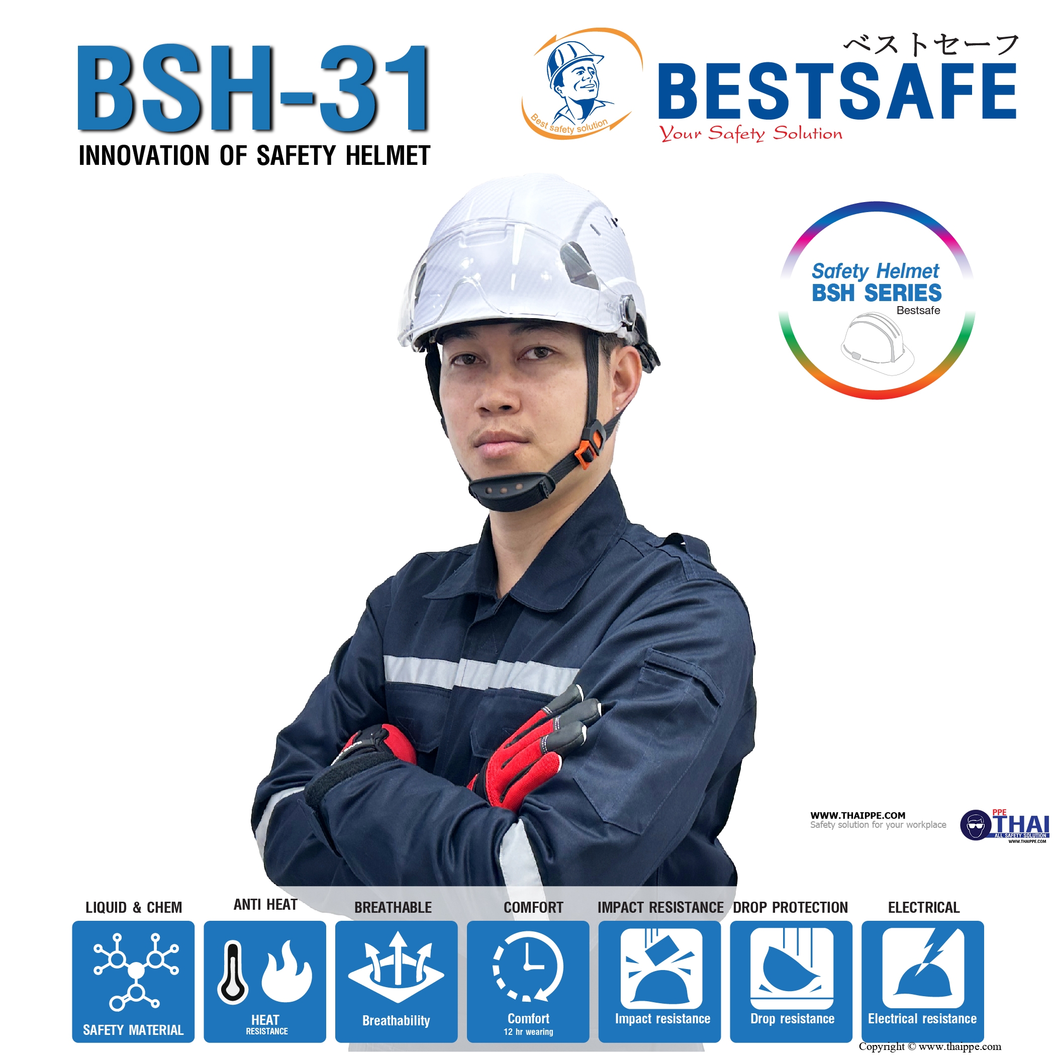 BSH-31 Safety helmet หมวกนิรภัยพร้อมแผ่นกระบังหน้าใสและแว่นตา #BESTSAFE