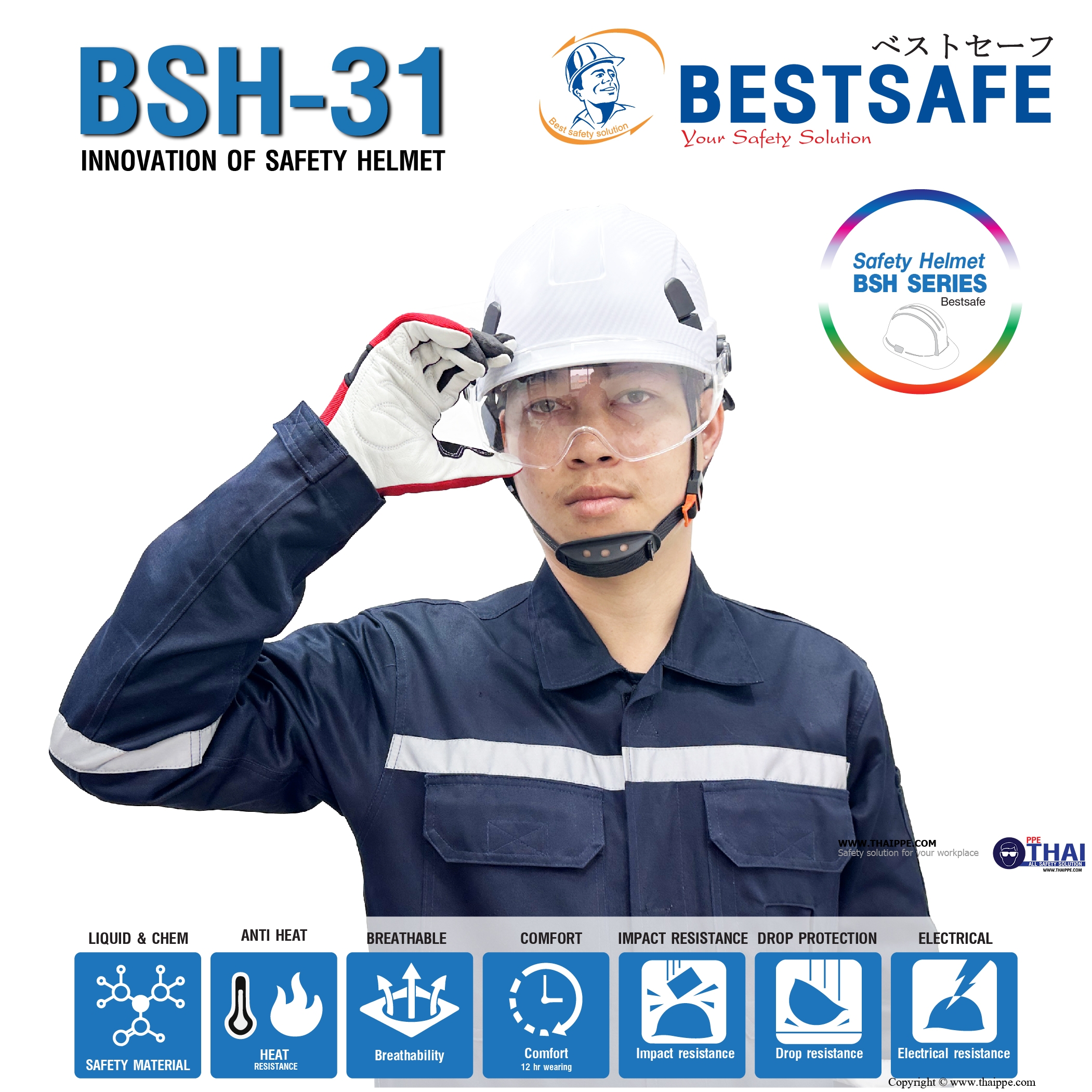 BSH-31 Safety helmet หมวกนิรภัยพร้อมแผ่นกระบังหน้าใสและแว่นตา #BESTSAFE