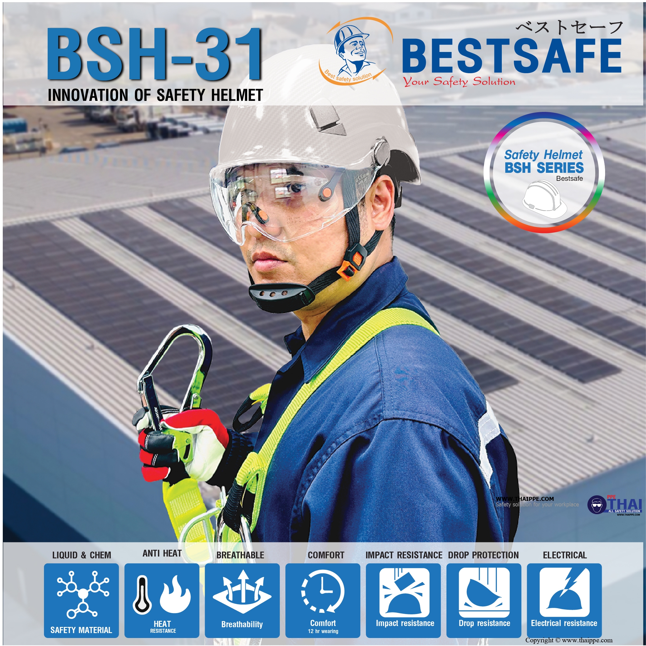 BSH-31 Safety helmet หมวกนิรภัยพร้อมแผ่นกระบังหน้าใสและแว่นตา #BESTSAFE